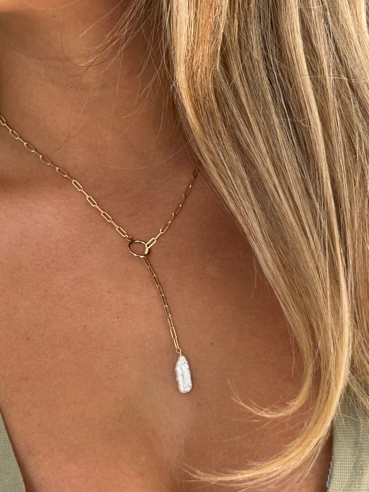 Biwa Pearl Lariat Necklace